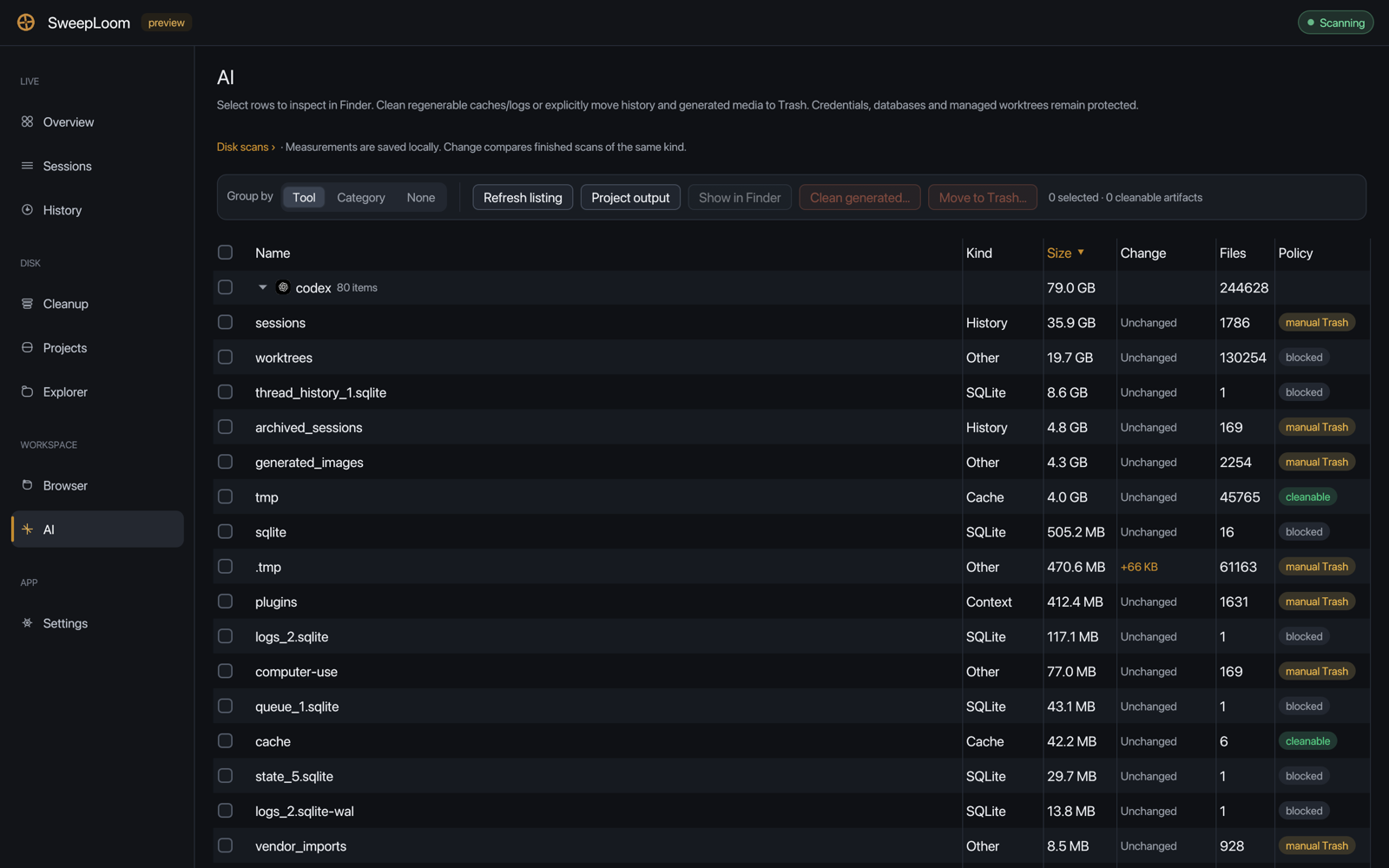 SweepLoom AI screen: a Codex store split into History, SQLite, Cache and Context rows with policies