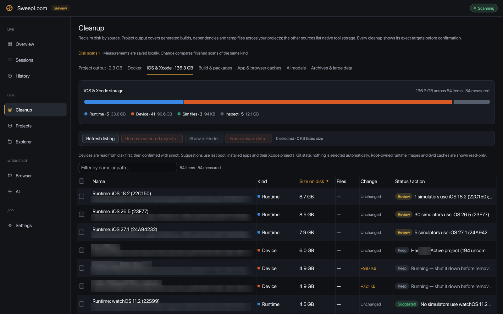 SweepLoom Cleanup, iOS & Xcode tab: simulator runtimes and devices with Keep, Review and Suggested verdicts
