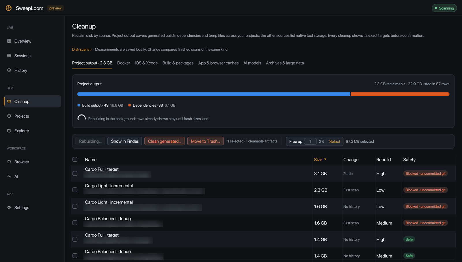 SweepLoom Cleanup, Project output tab: Cargo targets with rebuild cost and Safe or Blocked safety