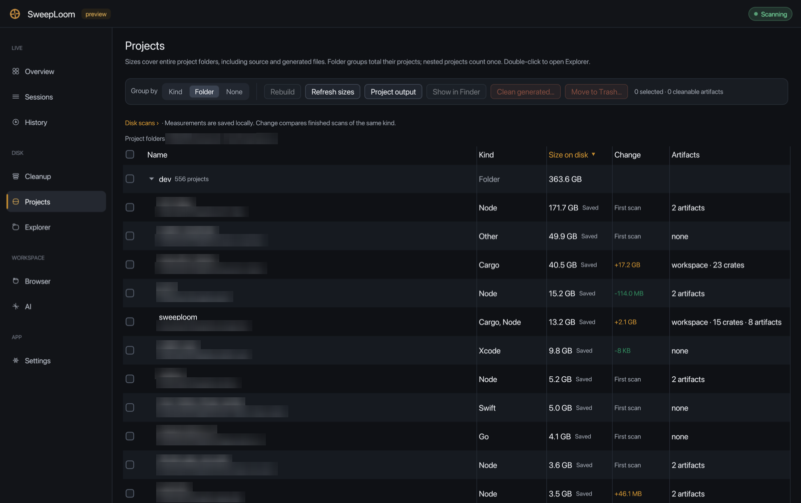 SweepLoom Projects: hundreds of projects grouped by folder with size, change and artifacts