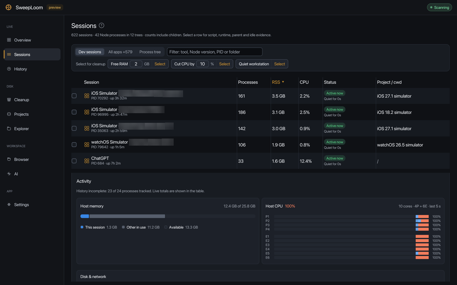 SweepLoom Sessions: process trees with RSS, CPU, status and project, and a cleanup planner